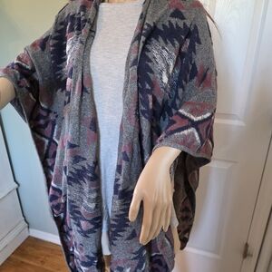 Lucky Brand Open Front Wool Blend Waterfall Aztec Poncho Wrap Shawl Sweater OS